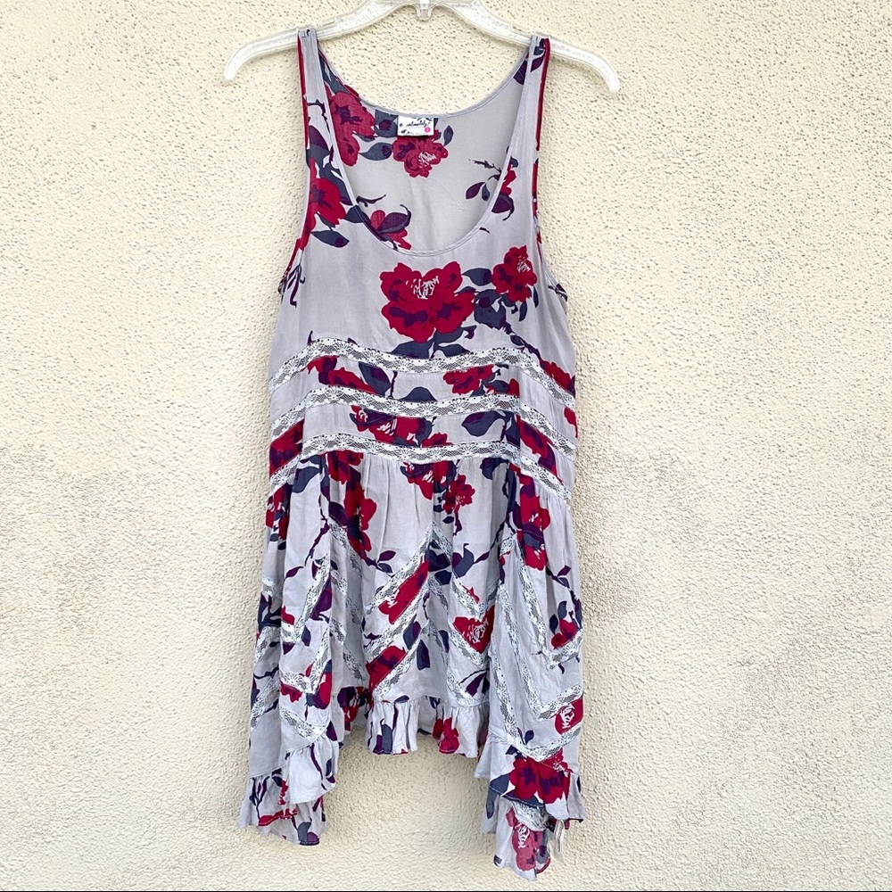 FREE PEOPLE voile TRAPEZE DRESS slip Floral tunic print women’s XS LACE romantic - Picture 11 of 13